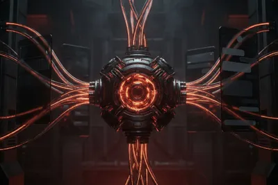 Футуристическая 3D-визуализация архитектуры веб-сайта: светящееся AI-ядро